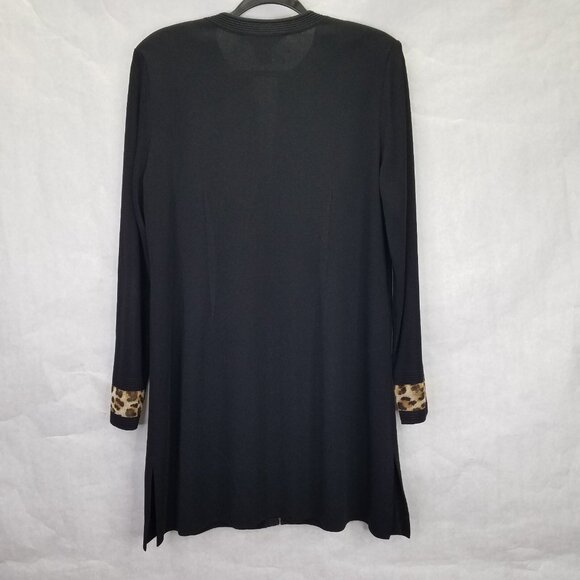 MISOOK Long Cardigan Jacket Women's L Black Leopard Trim Button Up Textured Knit - Picture 9 of 13